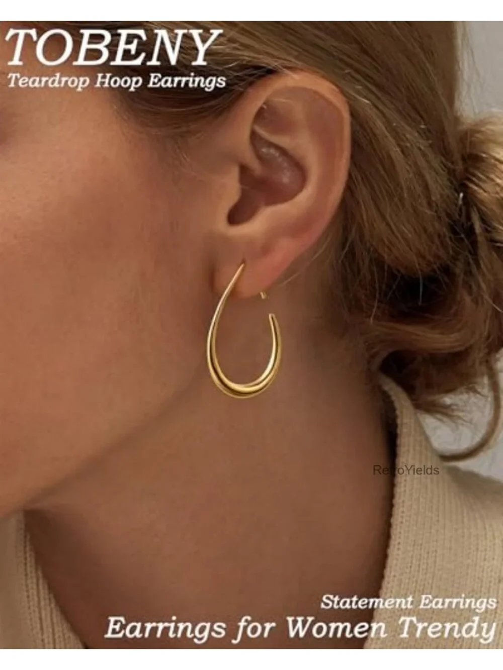 14K Gold Plated Teardrop Hoop Earrings for Women, Lightweight Hypoallergenic